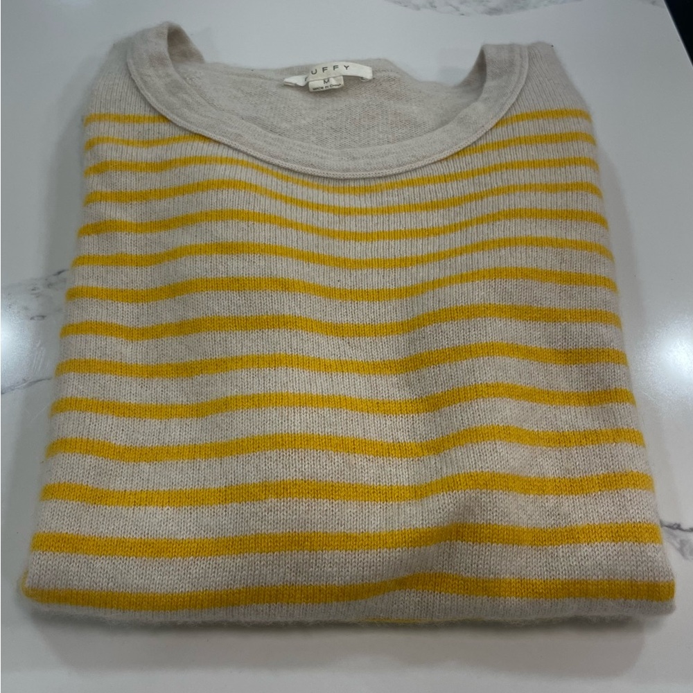 Cream and Yellow Striped Crew Neck Sweater